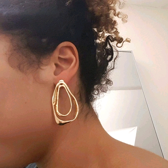 Gold hoop Hammered plated thick double layer boho big earrings - Picture 14 of 17